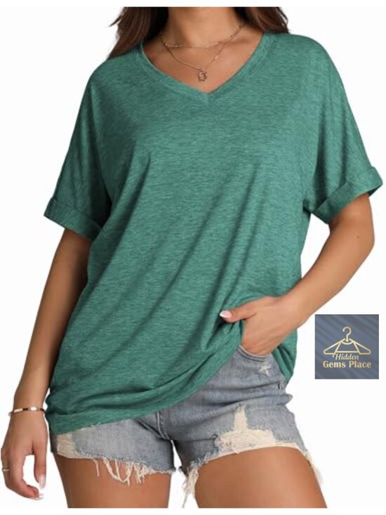 Tops - Oversized V-Neck Short Sleeve T-Shirt Soft Stretchy Summer Top